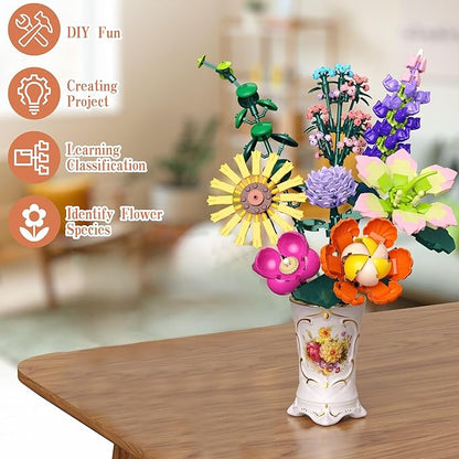 Flowers Bouquet Building Set, DIY Home Offic Botanical Bouquet Decoration Kit, Creative Gift for Women, Girls, Kids, Adults - Great for Birthdays, Christmas and More (861Pcs)