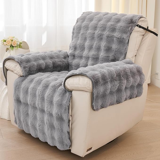 vctops Faux Fur Fluffy Recliner Chair Slipcover Faux Rabbit Fur Non Slip Sofa Cover Super Soft Plush Thick Couch Cover Furniture Protector with Elastic Straps for Kids, Dogs, Pets(Mid Grey,24")