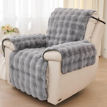 vctops Faux Fur Fluffy Recliner Chair Slipcover Faux Rabbit Fur Non Slip Sofa Cover Super Soft Plush Thick Couch Cover Furniture Protector with Elastic Straps for Kids, Dogs, Pets(Mid Grey,24")