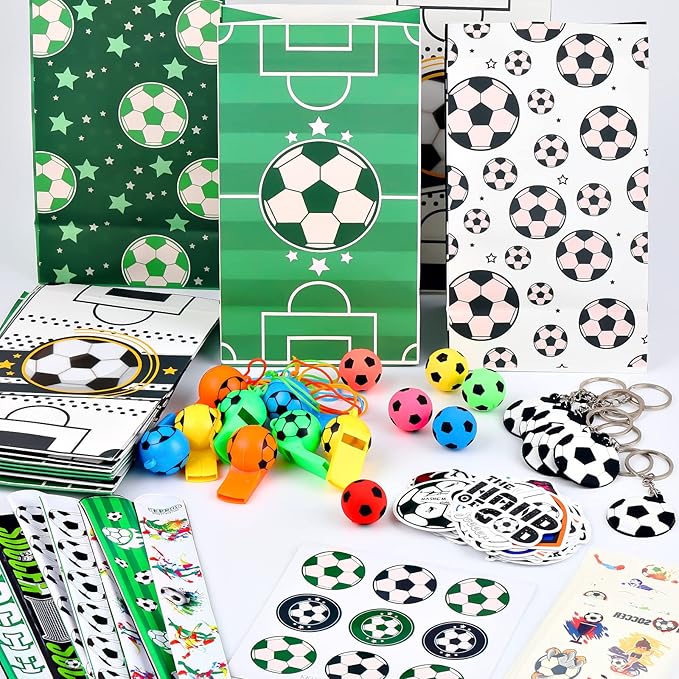 140 Pcs Soccer Party Favors Set Soccer Sticker Slap Bracelet Keychain Soccer Tattoos Soccer Fidget Toy Whistle Soccer Treat Bags with Sealing Stickers for Teens Adults Soccer Themed Party Supplies