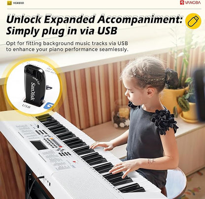 Vangoa Keyboard Piano 61 Key, Full Size Electric Piano Keyboard Light UP Keys with 3 Teaching Modes, Learning Music Keyboard Piano with Stand Headphones for Beginners, VGK6101 White