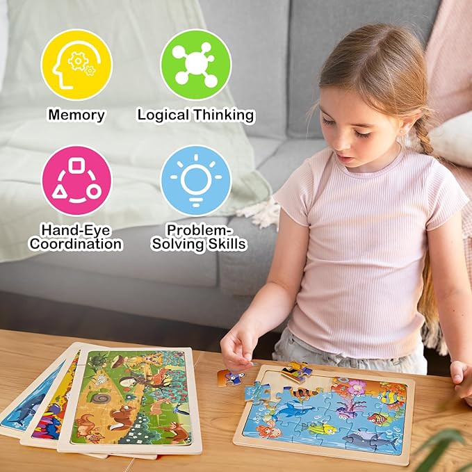 Puzzles for Kids Ages 4-6, Wooden Puzzles for Toddlers, 4 Packs 24 PCS Thickened Sea and Animal Puzzle Toys, Preschool Educational Puzzle Toys for Boys and Girls 3 4 5 6 Years Old