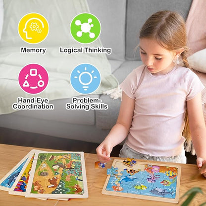 Puzzles for Kids Ages 4-6, Wooden Puzzles for Toddlers, 4 Packs 24 PCS Thickened Sea and Animal Puzzle Toys, Preschool Educational Puzzle Toys for Boys and Girls 3 4 5 6 Years Old
