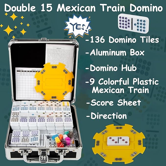 Dominoes Set for Adult, Double 15 Dominoes Set Double 15 Colored Dot Mexican Train Domino Set,Dominoes with Aluminum Case, 136 Tiles (2-10 Player)