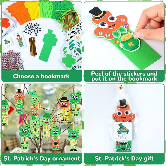 Qyeahkj 32 Sets St. Patrick's Day Shamrock Foam Craft for Kids St. Patrick's Day Bookmark Craft DIY Shamrock Craft Kit for Crafts for School Home Activities Party Favor Decorations