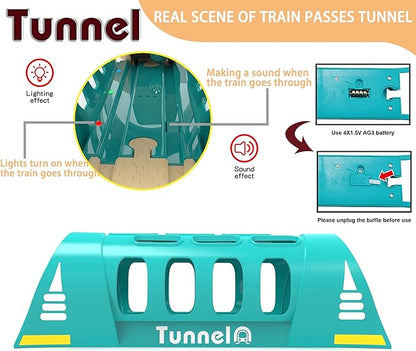Electric Train for Wooden Track, Remote Control Train Toy, Motorized Train and Tunnel with Voice & Lights Effect, Battery Operated Locomotive Train Set Compatible with Thomas, Brio, Chuggington