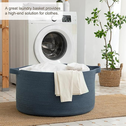 OIAHOMY 90L Blanket Basket for Living Room, Large Basket 23" x 23" x 13" with Handle, Laundry Hamper for Blankets, Pillows, Toy Storage for Kids, Dogs - Blue