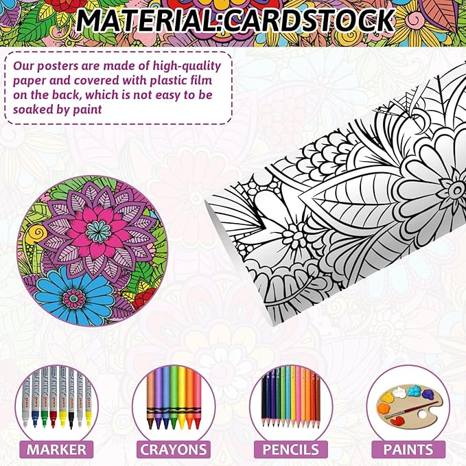 2Pack Jumbo Mandala Coloring Posters 50x30Inch Large Spring Mandala Flower Coloring Page Giant Mandala Coloring Tablecloth Wall Decor for Kids Teens Children Adults Art Craft Activity Party Supplies