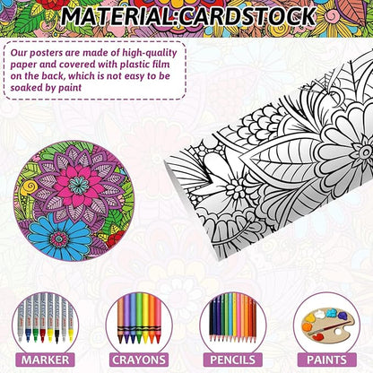 2Pack Jumbo Mandala Coloring Posters 50x30Inch Large Spring Mandala Flower Coloring Page Giant Mandala Coloring Tablecloth Wall Decor for Kids Teens Children Adults Art Craft Activity Party Supplies