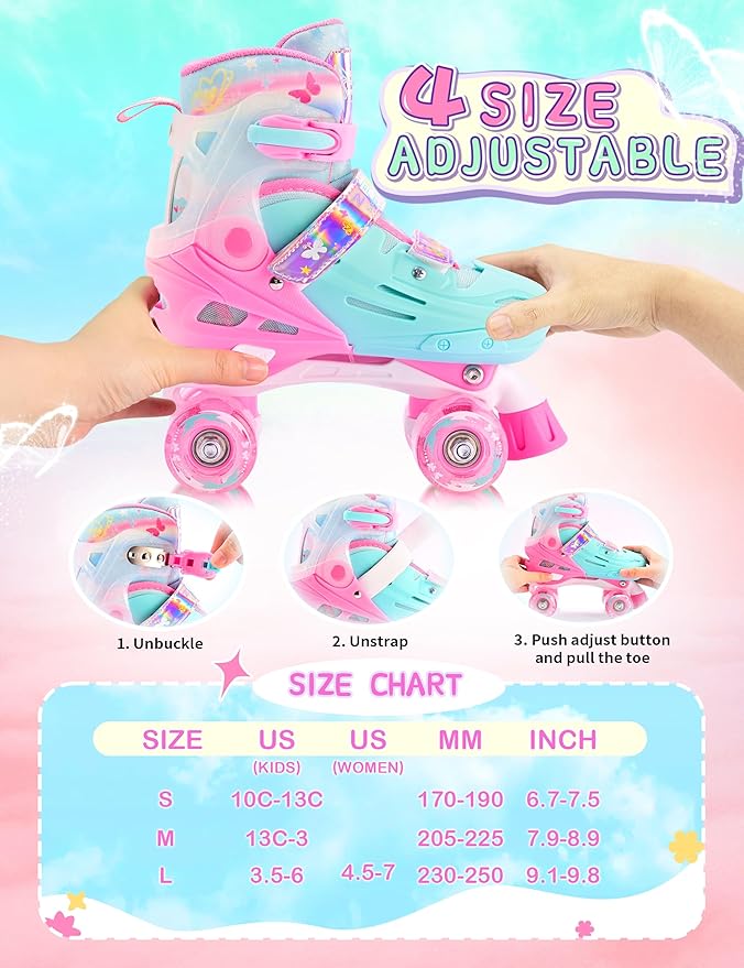 2PM SPORTS Roller Skates for Girls Boys Kids Age 4-6 5-8 6-12 8-12 with Light Up Wheels, Adjustable Youth Rollerskates Size 10C 11C 12C 13C 1 2 3 4 5 6