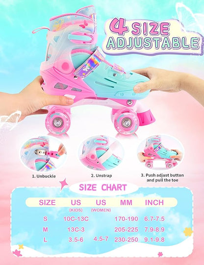 2PM SPORTS Roller Skates for Girls Boys Kids Age 4-6 5-8 6-12 8-12 with Light Up Wheels, Adjustable Youth Rollerskates Size 10C 11C 12C 13C 1 2 3 4 5 6