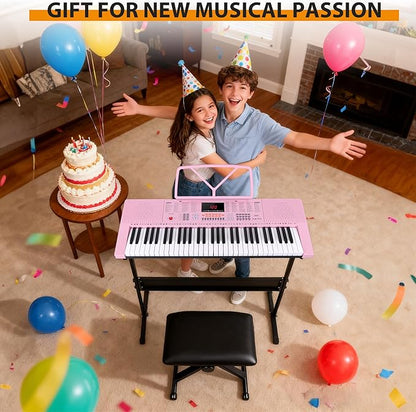 ZENY 61-Key Portable Electric Keyboard Piano with Built In Speakers, LED Screen, Headphones, Microphone, Piano Stand, Music Sheet Stand and Stool (Pink)