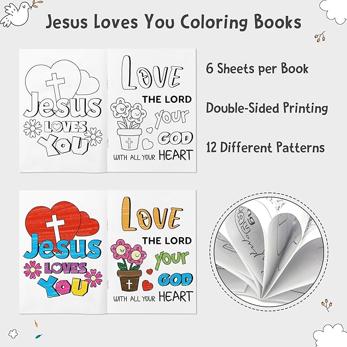 Dvbonike 48Pcs Jesus Loves You Coloring Books - Religious Bible DIY Color-in Pages Booklet Bulk Drawing Holiday Christian Activity Supplies for Sunday School Classroom Rewards Artwork Gift for Kids