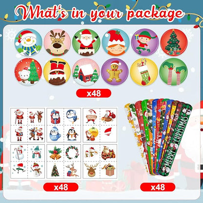 Cinrobiye 144pcs Christmas Slap Bracelets Button Pins Tattoo Stickers Christmas Snap Bracelets Xmas Badges Party Favors Supplies for Holiday School Reward Goodie Bag Stocking Stuffers Fillers(Set 1)