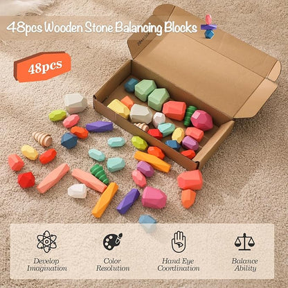 OESSUF Stacking Rocks 48Pcs Stacking Blocks Balancing Stacking Stones Wooden Building Toys Wood Stone Stacking Game for Toddler Sorting Preschool Educational Montessori Stacking Rocks for Kids