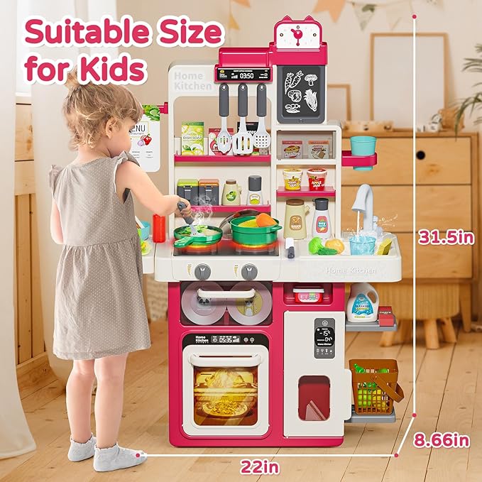 Letapapa Kids Play Kitchen Set, Kitchen Toys with Realistic Sound & Light, Cooking Stove, Sink, Play Food and Kitchen Accessories, Kitchen Playset Gifts for Toddlers Girls Boys(Red)
