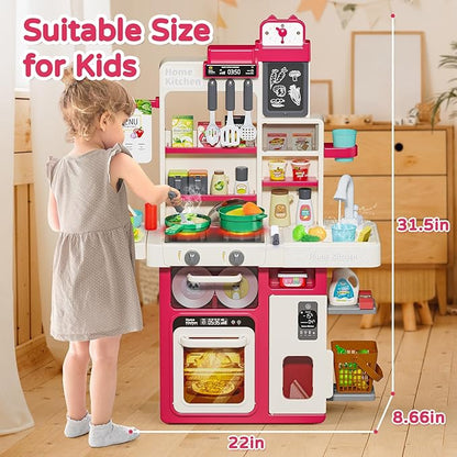 Letapapa Kids Play Kitchen Set, Kitchen Toys with Realistic Sound & Light, Cooking Stove, Sink, Play Food and Kitchen Accessories, Kitchen Playset Gifts for Toddlers Girls Boys(Red)