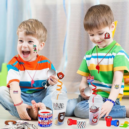 146 Pcs Baseball Party Favors, Sports Party Supplies with Cup Straw Baseballl Keychain Tattoo Sticker Slap Bracelet Whistle Treat Bag Gifts for Classroom Rewards Sports Birthday Party (Baseball)