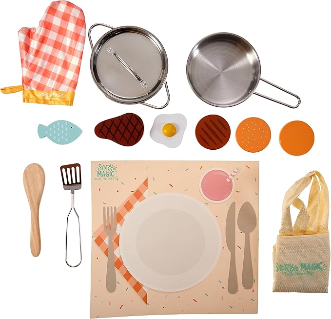 Story Magic Wooden Cooking Playset, 10+ Piece Wood Food & Stainless Steel Kids Cooking Pretend Play Kitchen Food Set, Toy Food for Kids Kitchen Set, Pretend Food, Toy Food for Toddlers & Kids Ages 4+