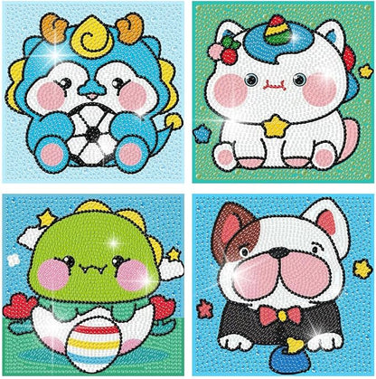 FQOVKYN 4 Pcs Cute Animals Diamond Art Kits for Kids Age 6-12, DIY Cartoon Dinosaur Diamond Art Painting for Adults Beginner, 5D Kids' Mosaic Kits Full Round Drill Gem Art for Kids 6X6 inch