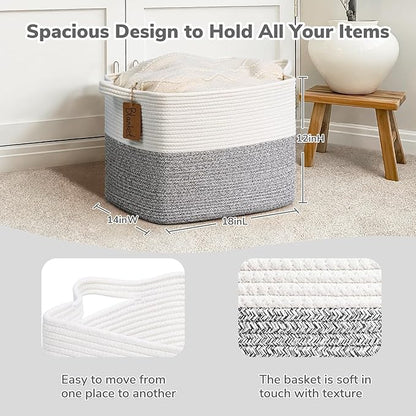 Goodpick Woven Storage Basket, Cotton Rope Baskets with Handles, Toy Baskets Storage Kids, Blanket Basket for Living Room, Bedroom, Gray and White, 18 x 14 x 12 Inches
