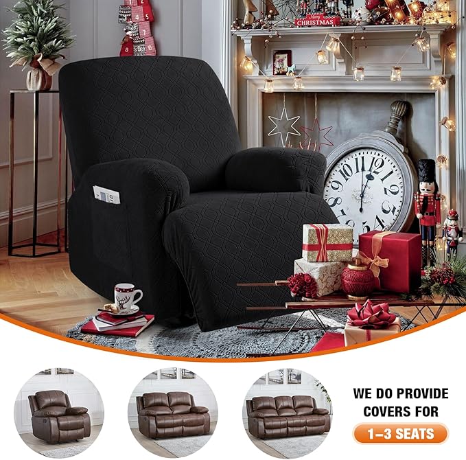 VANSOFY Recliner Chair Cover, 3-Pieces Stretch Recliner Covers for Recliner Chair Soft Reclining Chair Slipcover Furniture Protector for Dogs Cats(Black)