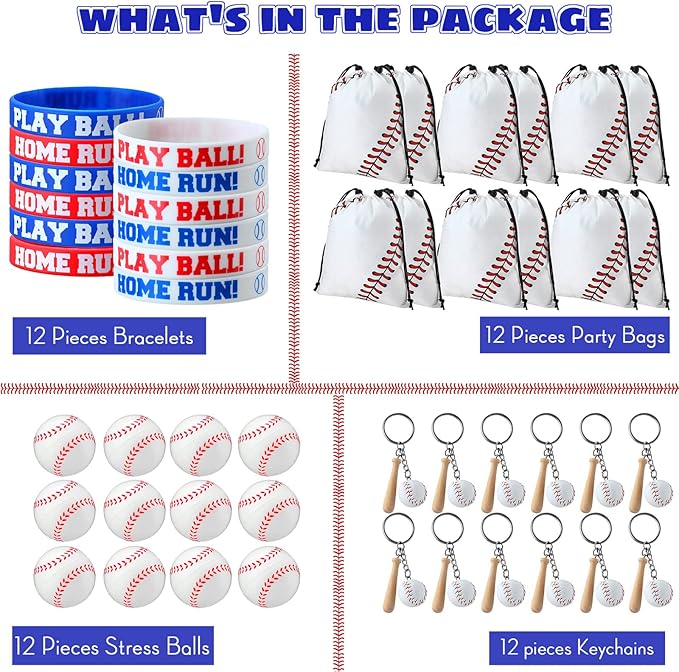 Nuogo 48 Pcs Baseball Party Favors Supplies Include 12 Pcs Baseball Party Bags 12 Pcs Baseball Bracelets 12 Pcs Baseball Stress Balls 12 pcs Mini Baseball Keychain Birthday Sport Party