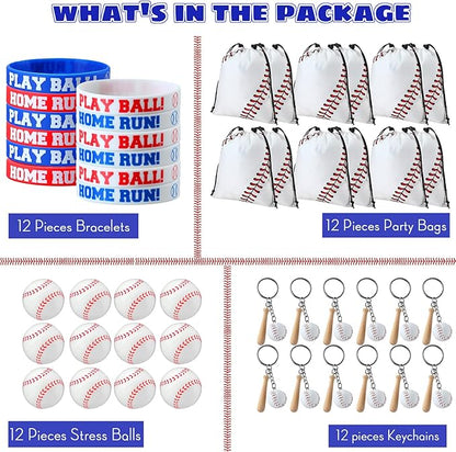 Nuogo 48 Pcs Baseball Party Favors Supplies Include 12 Pcs Baseball Party Bags 12 Pcs Baseball Bracelets 12 Pcs Baseball Stress Balls 12 pcs Mini Baseball Keychain Birthday Sport Party