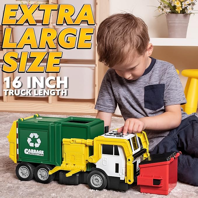 JOYIN Large Friction Powered Garbage Truck Toy Set, Includes 1 Dumpster, 3 Trash Bins, and 30 Learning Cards for Kids, Boy Toys Birthday Gift, Green