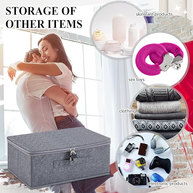 Briwooody Discreet Lockable Toy Bag Storage Organizer Toy Bag Storage Bins Case with Zipper Lid for Women and Men Clothes Container(Gray,15 x 10 x 6.3 Inch)