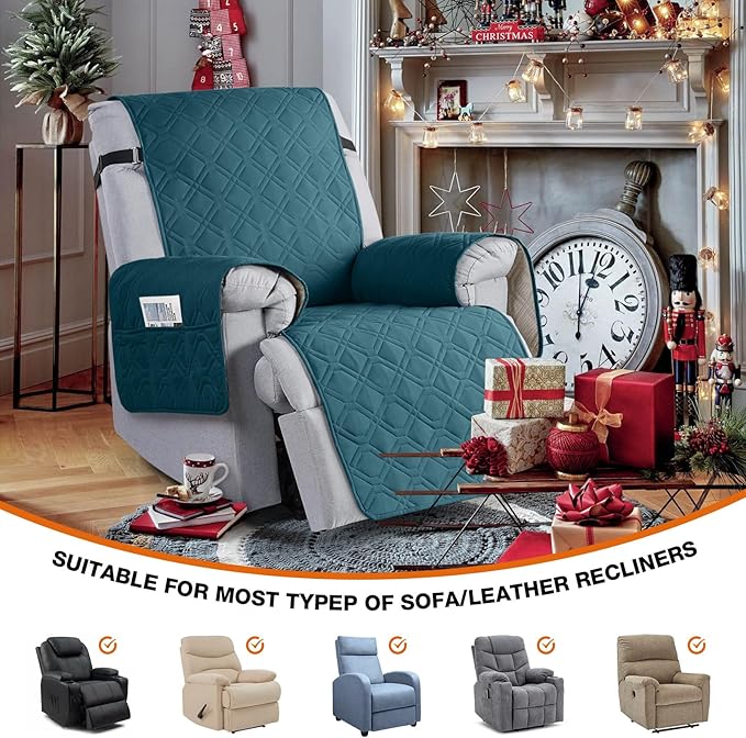 VANSOFY 100% Waterproof Recliner Chair Covers, Recliner Cover Non-Slip Dog Chair Cover Furniture Protector Washable Slipcover with Pocket, Elastic Straps for Pets, Dogs(Peacock Blue, 23.6")