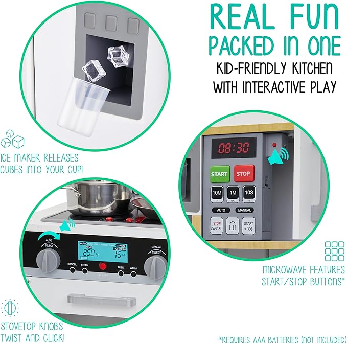 Lil' Jumbl Kids Natural Small Kitchen Set, Pretend Wooden Play Kitchen, Includes Range Hood, Microwave, Stove Top, Oven That Make Realistic Sound & Light, Pots, Pan, Cutting Board & Utensils Included,