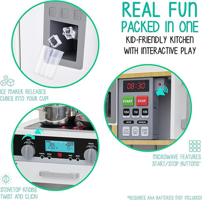 Lil' Jumbl Kids Natural Small Kitchen Set, Pretend Wooden Play Kitchen, Includes Range Hood, Microwave, Stove Top, Oven That Make Realistic Sound & Light, Pots, Pan, Cutting Board & Utensils Included,