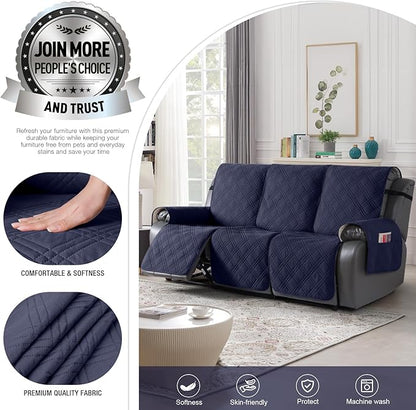 TAOCOCO 100% Waterproof Recliner Sofa Covers 3 Seater, Split Couch Covers for Reclining Couches for Kids Pets, Non Slip Reclining Couch Covers Furniture Protector with Straps(3 Seater, Navy Blue)