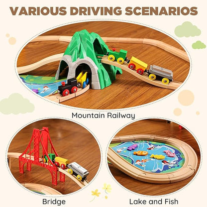 SainSmart Jr. 112-Piece Wooden Train Set for Toddler – Double-Sided Train Tracks, Compatible with Brio, Thomas, Melissa & Doug – Perfect Wood Toy for Boys and Girls