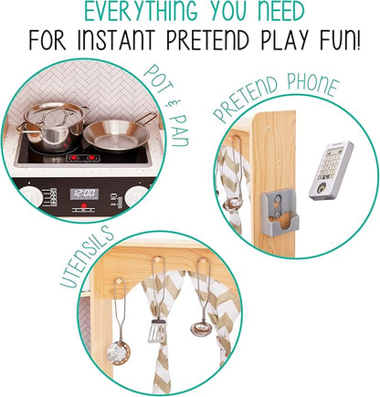 Lil' Jumbl Kids Corner Kitchen Set, Pretend Wooden Deluxe Play Kitchen, Battery Operated Icemaker, Stovetop & Faucet with Realistic Sound - Natural