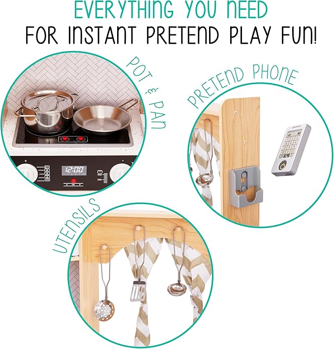 Lil' Jumbl Kids Corner Kitchen Set, Pretend Wooden Deluxe Play Kitchen, Battery Operated Icemaker, Stovetop & Faucet with Realistic Sound - Natural