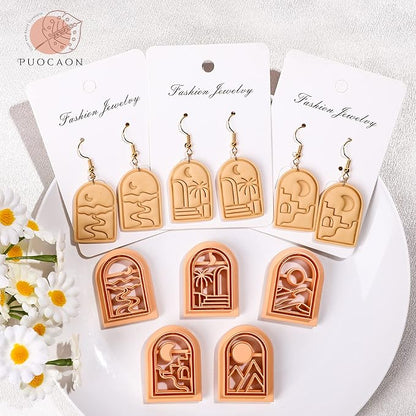 Puocaon Boho Polymer Clay Cutters - 6 Pcs Clay Cutters for Polymer Clay Earrings Making, Boho Landscapes Arch Clay Cutters, Embossing Scene Desert Sun Moon Clay Cutters for Jewelry Making