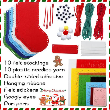 10 Pieces Felt Christmas Craft DIY Christmas Felt Stockings with Ornaments Handmade Sewing Sock Kits for Kids Christmas Favors Decorations Crafts Kits Christmas Party Hand DIY Supplies, 5 Styles