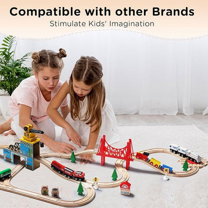 SainSmart Jr. Wooden Train Set - Interactive Police Playset for Kids | Building Toy with Train, Figures & Accessories | Compatible with Brio, Thomas, Melissa and Doug | Educational STEM Gift (Village)