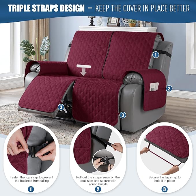TAOCOCO 100% Waterproof Recliner Covers, Recliner Sofa Covers with Leg Straps, Reversible Recliner Couch Cover for Reclining Chair, Washable Couch Protector for Pets Kids(2 Seater, Wine)