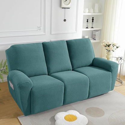 JIVINER 8-Piece Recliner Sofa Covers Stretch Jacquard Couch Covers for Recliner Slipcovers for Living Room 3 Cushion Soft Recliner Protector with Pocket (Sofa Recliner, Peacock Blue)