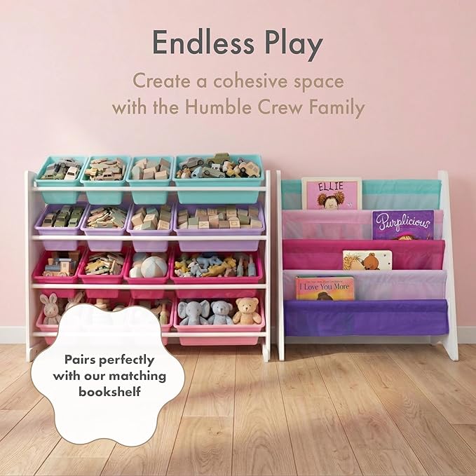 Humble Crew Toy Storage Organizer with 16 Removable Storage Bins for Kids Playroom, 4-Tier Toddler Toy Organization and Storage, White/Blue/Pink/Purple