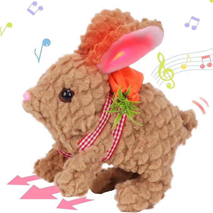 Hopearl Hopping Rabbit with LED Ears Carrot Backpack Interactive Plush Bunny Toy with Sounds Animated Walking Wiggle Light up Ears Twitch Nose Gift for Toddlers, Brown, 7''