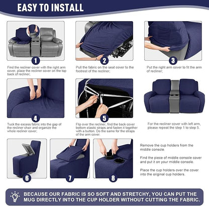KinCam Loveseat Recliner Covers with Middle Console Slipcover, Recliner Sofa Covers 2 Seat Couch Cover Stripe Jacquard Furniture Protector Covers with Elastic Bottom for Kids, Pets (Dark Blue)