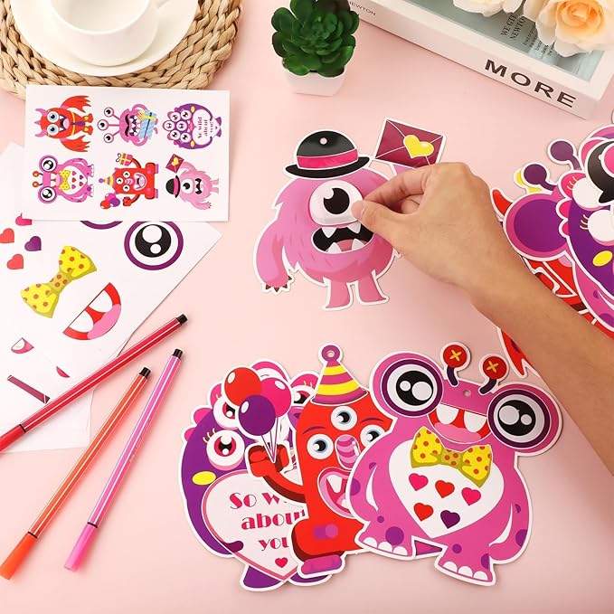 Qyeahkj 36 Sets Valentine's Day Monster Craft Kits for Kids DIY Valentines Monster Ornament Craft Sets Hanging Valentines Day Paper Card Gifts for Valentine Spring Party Class Activity Game Toys