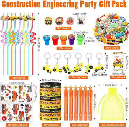 HyDren 194 Pcs Construction Party Favors for 16 People Include Straws Bubble Wands Bracelet Keychain Tattoo Sticker Badge Stamps Cards Organza Bags for Boys Girls Birthday Party Supplies Class Reward
