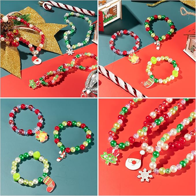 OSNIE Red Green DIY Bead Jewelry Making Kit - Santa Claus Snowman Penguin Christmas Trees Reindeer Stocking Snowflake Bell Charm Bead for Kids Bracelets Necklaces Craft Material Beading Kit 400Pcs+