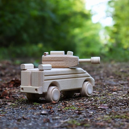 Handmade Wooden Toy Transporter, Paintable WW2 Army Car, Rotating Turret & Wheels, Children's Handcrafted Military Toy, Ideal for Boys, Decoration, Kids Play and Learning