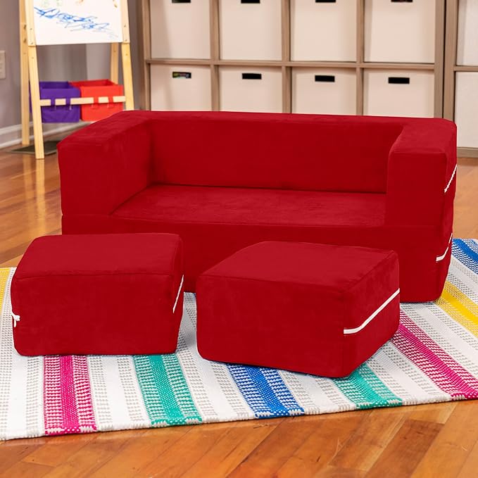 Jaxx Zipline Kids Modular Loveseat & Ottomans/Fold Out Lounger, Cherry